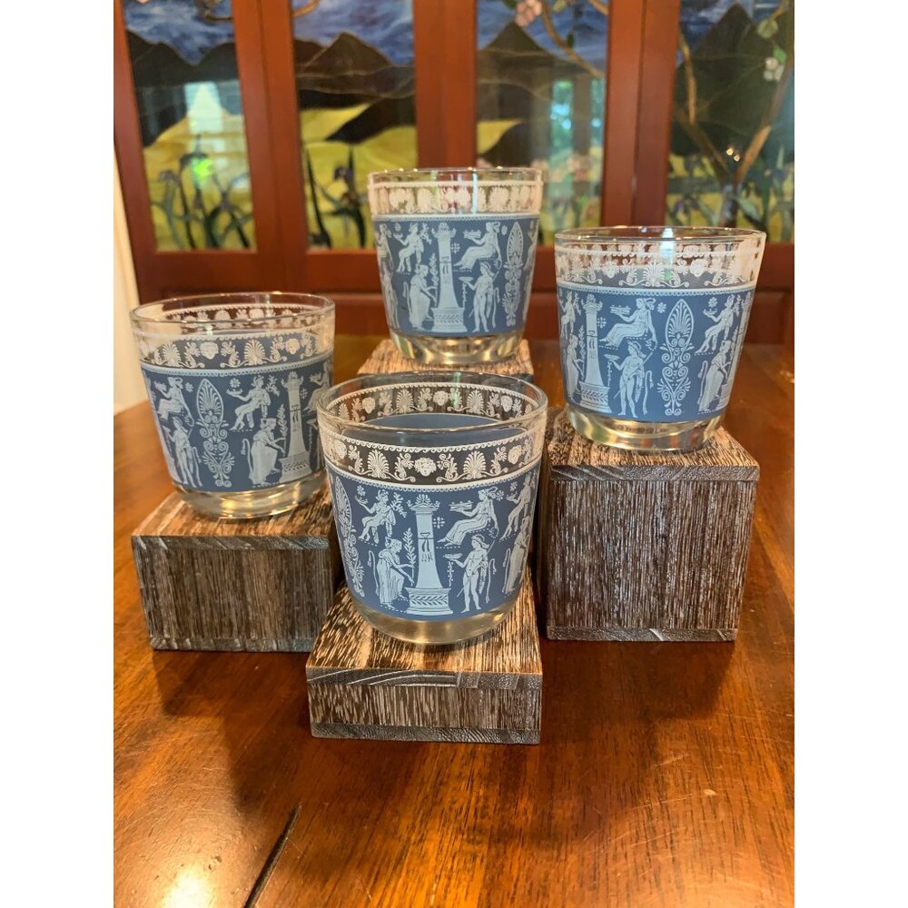 Vintage Jeanette Hellenic Jasperware Lowball Scotch Glasses.
